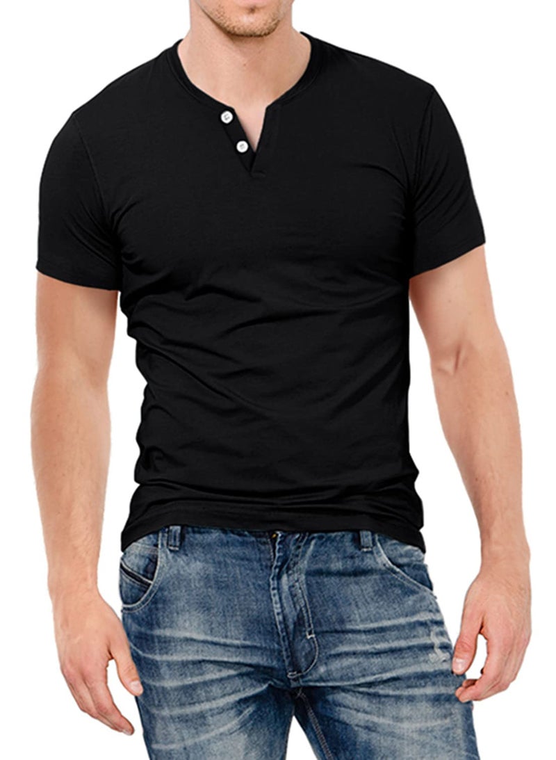 KUYIGO Men's Casual Slim Fit Short Sleeve Henley Tops V Neck Fashion T-Shirts Cotton Shirts Black Large - Image 1